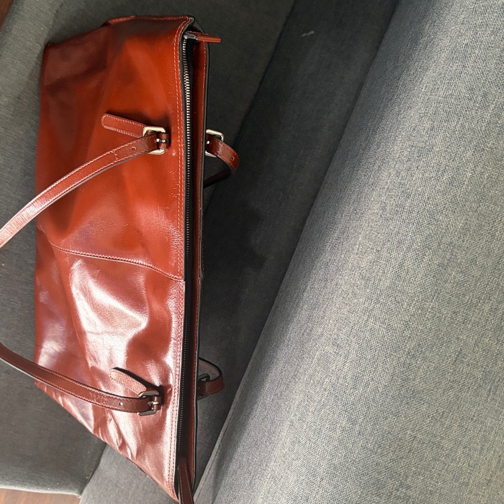 Elegant Brown glossy Leather zipper shoulder Tote Bag 11x 15x 3.5 - Picture 15 of 16